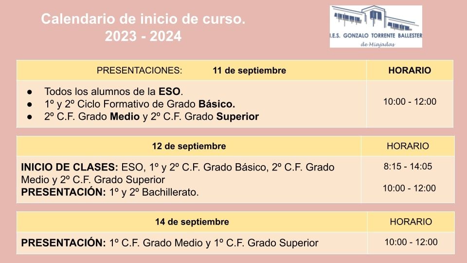 calendario inicio curso 2023 2024